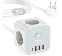 VEFVE Multiprise Électrique avec USB C (Charge Rapide PD 20 W), Cube Prise Multiple avec Interrupteur (3680 W/16 A), 3 Prises et 4 Ports USB, Rallonge Électrique 3m