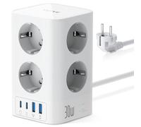 VEFVE Multiprise Tour 12 en 1 (4000W 16A), Bloc Prise Parafoudre avec USB C 30W GaN Charge Rapide, 8 Prises Françaises et 4 USB, Interrupteur, Câble 3m, Blanc