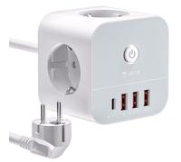 VEFVE Steckdosenwürfel mit 1,5 Kabel, 7-in-1 Mehrfachsteckdose Würfel mit USB C (20W PD Schnellladen), Würfelstecker mit 3 Steckdosen (3680W) & 4 USB, Steckdosenleiste mit Schalter, Weiß