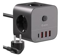 VEFVE Steckdosenwürfel mit 3m Kabel, 7-in-1 Mehrfachsteckdose Würfel mit USB C (20W PD Schnellladen), Würfelstecker mit 3 Steckdosen (3680W) & 4 USB, Steckdosenleiste mit Schalter, Schwarz