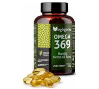 Vegageno Omega 3-6-9 Capsules - 200 capsules d'huile de chanvre & vitamine E naturelle - Hautement dosé, Végétalien, sans poisson - Sans OGM, sans gluten - Convient aux végétaliens et végétariens