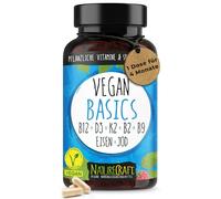 Vegan Basics - Vitamine B12+D3+K2+B2+B9 Acide folique + Fer + Iode - Complexe de 120 gélules (4 mois de stockage)