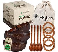 vegboo LOVE OF NATURE Lot de 4 bols en noix de coco avec e-book & accessoires - Vegane durable Bol en noix de coco - Fabriqué à la main Idéal comme bol à céréales, végétalien, acaï et smoothie