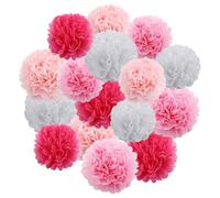 VEGCOO 16 Pompons Fleurs Rose, Décoration Pompoms Boule à Suspendre en Papier, Rose Pompon Papier de Soi pour Carnaval Mariage Decoration Bapteme, Garçon Fille Fête d'anniversaire
