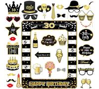 VEGCOO 30 Ans Cadre Photobooth, 34 Pieces Or Noir 30 Ans Accessoires de Selfie, 1 Pc Gonflable Cadre Photo Anniversaire, Accessoire Photo Props pour Fête d'anniversaire, Décorations de Fête