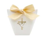 VEGCOO 30 Pcs Boite Dragees Bapteme, Contenant Dragées Baptême Blanc Cadeau Mariage Invité avec Ruban de Champagne pour Fête de Naissance, Baptême, Mariage(5.7x6x10cm)
