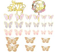 VEGCOO 48 Pcs Papillon Décoration, 2 Pcs Cake Toppers Acrylique,6 Pcs Autocollants Papillons 3D, Topper Happy Birthday,Décoration Gateau Anniversaire Fille,Cupcake