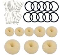 VEGCOO 8 Pièces Cheveux Donuts Chignons Épingle à Cheveux 10Pcs Bande de Caoutchouc Noire 15Pcs Épingle à Cheveux en Forme de U(Jaune crème)