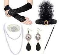 VEGCOO Accessoire Année 20 Femme，6Pcs Accessoires Gatsby Costume Set Charleston Accessoires Femme pour La Mascarade Halloween Noël (Noir-2)