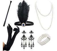 VEGCOO Accessoire Année 20 Femme，6Pcs Accessoires Gatsby Costume Set Charleston Accessoires Femme pour La Mascarade Halloween Noël (Noir-1)