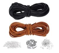 VEGCOO Cordon en Cuir Véritable de 10m de Long et 2 mm Couleur Noir et Naturel 5 m, et 150 Pcs de Fermoirs Colliers pour la Confection de Colliers et Bracelets.