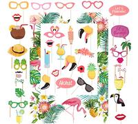 VEGCOO Kit de 37 accessoires de photomaton hawaïen, cadre photo flamant rose, ananas, lunettes de moustache, perruque, accessoires photo pour fête d'été, piscine, décoration de mariage