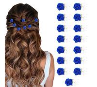VEGCOO Lot de 15 barrettes à cheveux avec pétales de rose - Élégantes petites fleurs - Pour mariage - Pour femmes et filles - Bleu