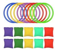 VEGCOO Lot de 20 sacs de lancer en tissu de laine pour enfants - Jeu de lancer d'anneaux en plastique - Sacs de fèves colorés pour garçons et filles - Activités d'intérieur et d'extérieur - Jeu