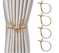 VEGCOO Lot de 4 embrasses de rideau dorées en forme de tête de cerf - Boucle de rideau décorative en métal - Montage facile sans perçage - Pour salon, chambre à coucher, bureau