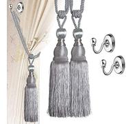 VEGCOO Lot de 4 Embrasses de Rideaux Faites à la Main - 2 Boucles Européennes Avec Pompon et 2 Crochets (Gris)