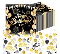 VEGCOO Lot de 40 feuilles de serviettes d'anniversaire pour décoration de table d'anniversaire, 33 x 33 cm, serviettes noires et dorées, pour hommes et femmes, avec confettis noirs et dorés