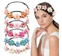 VEGCOO Lot de 5 Couronnes de Fleurs Bandeau, Headbands en Ruban Elastique Pour Cheveux, Pour Photographie de Voyage, Festival, Mariage et Fête
