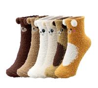 VEGCOO Lot de 6 paires de chaussettes moelleuses en polaire corail, douces, chaudes et moelleuses, pour femme, motif animal mignon, chaussettes moelleuses pour dormir, maison, cadeaux de Noël, b,