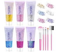 Vegena Gel Pailleté Pour Corps: 6 Pièces Gel Paillettes Chunky Holographique, Idéal Pour Maquillage Festival (Bleu, Or, Rose, Argent, Blanc, Violet, 50ml)