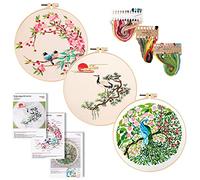 Vegena Kit de Démarrage de Broderie, 3pcs Broderie Débutant Outil, Embroidery Starter Kit pour Adultes , Kit d'aiguilles de Fils de Couleur, Cerceaux de Broderie
