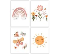 Vegena Lot de 4 tableaux pour chambre d'enfant et fille,Décoration pour chambre d'enfant,Arc-en-ciel soleil, nuage, fleurs et papillons,Décoration murale pour chambre de bébé,DIN A4,Décoration bohème