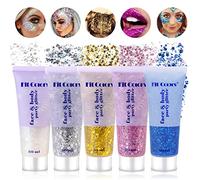 Gel Paillettes Visage Paillette Cheveux: 5 Couleurs Maquillage Paillette, Paillettes Corps, Paillettes Visage Festival, Glitter Body Gel Makeup pour Lèvres Fête Noël Pâques Cosmétique Décoration