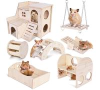 Vegena Lot de 7 jouets à mâcher en bois pour hamster - Avec rouleau cloche, pont, bascule et balançoire pour gerbilles, hamsters nains, chinchillas