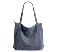 Vegena Sac Bandoulière en Velours Côtelé: Sac Shopper Grand et Robuste, Tote Bag Pour L'école, Le Travail et Les Achats (45x40x11cm, Bleu Marine)