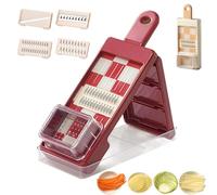 Vegetable Chopper Mandoline Slicer with Container, Multi-Function Kitchen Grater with 4 Interchangeable Blades, Protective Hand Guard & Wall-Mountable Storage for Slicing Shredding Wavy Cuts (Red)