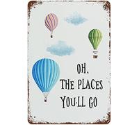VEGlkj Décoration murale vintage en fer - Plaque verticale « Oh The Places You'll Go » - Aquarelle - Baloon à air chaud - Décoration murale vintage en métal pour bar, maison - 20,3 x 30,5 cm