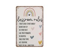 VEGlkj Plaque en étain arc-en-ciel avec règles de classe, décoration pour école à la maison, décoration murale Montessori, décoration murale vintage en fer, cadeau amusant pour maman, papa, 20 x 30 cm