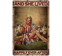 VEGlkj Plaque en métal vintage avec inscription « Girl and WineShe Lived Happily Ever After » - Décoration murale vintage - 30 x 20 cm