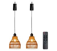 VEGOATY Boho Lot de 2 lampes suspendues en rotin avec télécommande - LED à intensité variable - Pour jardin, chambre à coucher, camping - Fonctionne avec piles - Lumière chaude