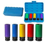 VEGOATY Jeu de douilles de protection 1/2" : 5 pièces Cr-Mo 15 mm, 17 mm, 19 mm, 21 mm, 22 mm pour visseuse à percussion, outils de douilles avec boîtier en plastique résistant aux rayures et boîte de