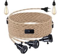 VEGOATY Kit de Suspension en Corde de Chanvre avec trois ampoules- Douille Avec Prise et Interrupteur - Câble Vintage E27-3 Ampoules Incluses - Suspension Rétro DIY pour Salle à Manger et Maison