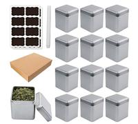 VEGOATY Lot de 12 boîtes à thé carrées : 7 x 7 x 8,5 cm - Boîtes à thé classiques pour thé en vrac avec 16 étiquettes et craie liquide - Boîte à thé hermétique en métal rectangulaire pour thé, café