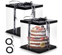 VEGOATY Lot de 2 boîtes à gâteau transparentes 30 x 30 x 25 cm | Boîte à gâteau de qualité supérieure avec socle et ruban | Boîte cadeau réutilisable transparente pour anniversaire, mariage, dessert |