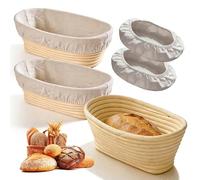VEGOATY Lot de 2 paniers de fermentation ovales avec 4 housses en tissu : 25 cm de diamètre - Banneton - Avec housse en tissu amovible - Pour boulangers professionnels et privés (25 x 15 x 8,5 cm)