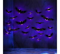 VEGOATY Lot de 24 décorations d'Halloween : chauves-souris décoratives d'intérieur avec lumières LED, 3D LED violettes chauve-souris Décoration DIY Stickers muraux pour extérieur, fête, fenêtre