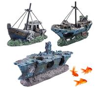 VEGOATY Lot de 3 décorations d'aquarium en résine pour épave de bateau pirate - Cachette pour poissons et crevettes - Accessoires d'aquarium