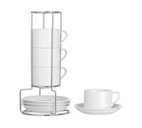 VEGOATY Lot de 4 tasses à expresso avec support - 160 ml - Avec soucoupe et support en porcelaine blanche - Pour expresso Americano, cappuccino, latte et thé