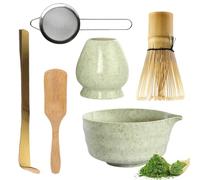 VEGOATY Lot de 6 sets à matcha avec bec verseur, balai à matcha en bambou, chashaku, cuillère en bois, passoire en acier inoxydable, bol à matcha en céramique, cadeau pour les amateurs de matcha, vert