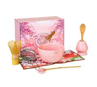 VEGOATY Lot de 8 matcha rose avec whisky en bambou, passoire filtrante, bol à matcha avec bec verseur, cuillère et tapis à thé, pour les amateurs de matcha