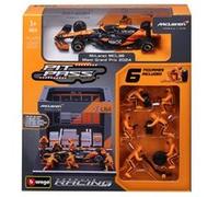 BBurago Coffret avec diorama Pit Stop McLaren MCL38 (2024) #4 Norris – Véhicule 1:43, 6 mécaniciens