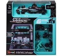 Bburago - Formule 1 Pit Stop Mercedes AMG #Hamilton - Set 1/43 avec Figurines De Mécaniciens, Stand Et Accessoires - Modèle Réduit Officiel F1 - Détails Réalistes - Edition Collector