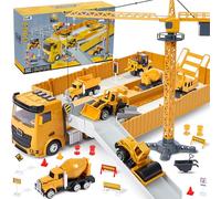 Véhicule Chantier Jouet Enfants avec Camion de Construction Grue à Tour Excavatrice Rouleau compresseur Bulldozer Bétonnière Véhicules de Construction Grand Camion Cadeau pour Enfant Garçon 3 4 5 6 7
