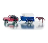 siku 1651, Jeep avec remorque pour chevaux, métal/plastique, multicouleur, 1 figurine cheval inclus, clapet de chargement ouvrable