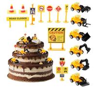 Véhicules de chantier pour enfants, 10 pièces, pelleteuse, décoration de gâteau, jouet avec panneaux de signalisation, véhicules de construction pour anniversaire garçon fille 2, 3, 4, 5 ans