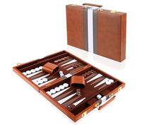 Vehipa Mallette Backgammon 38x24cm Marine Kit Complet 2 Joueurs(Marron) | Simili Cuir Poignée Transport, Velours Silencieux, Tasse, Kit Pions & Dés, Set De Jeu De Voyage Portable, Pour Adultes